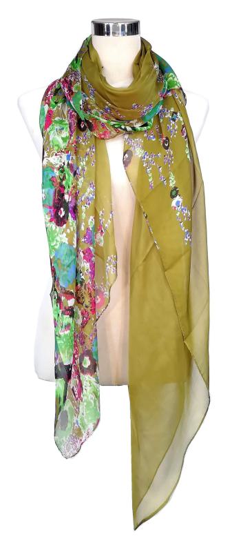 Scarf 100% Silk Chiffon Festive Colorful Flower Green Olive